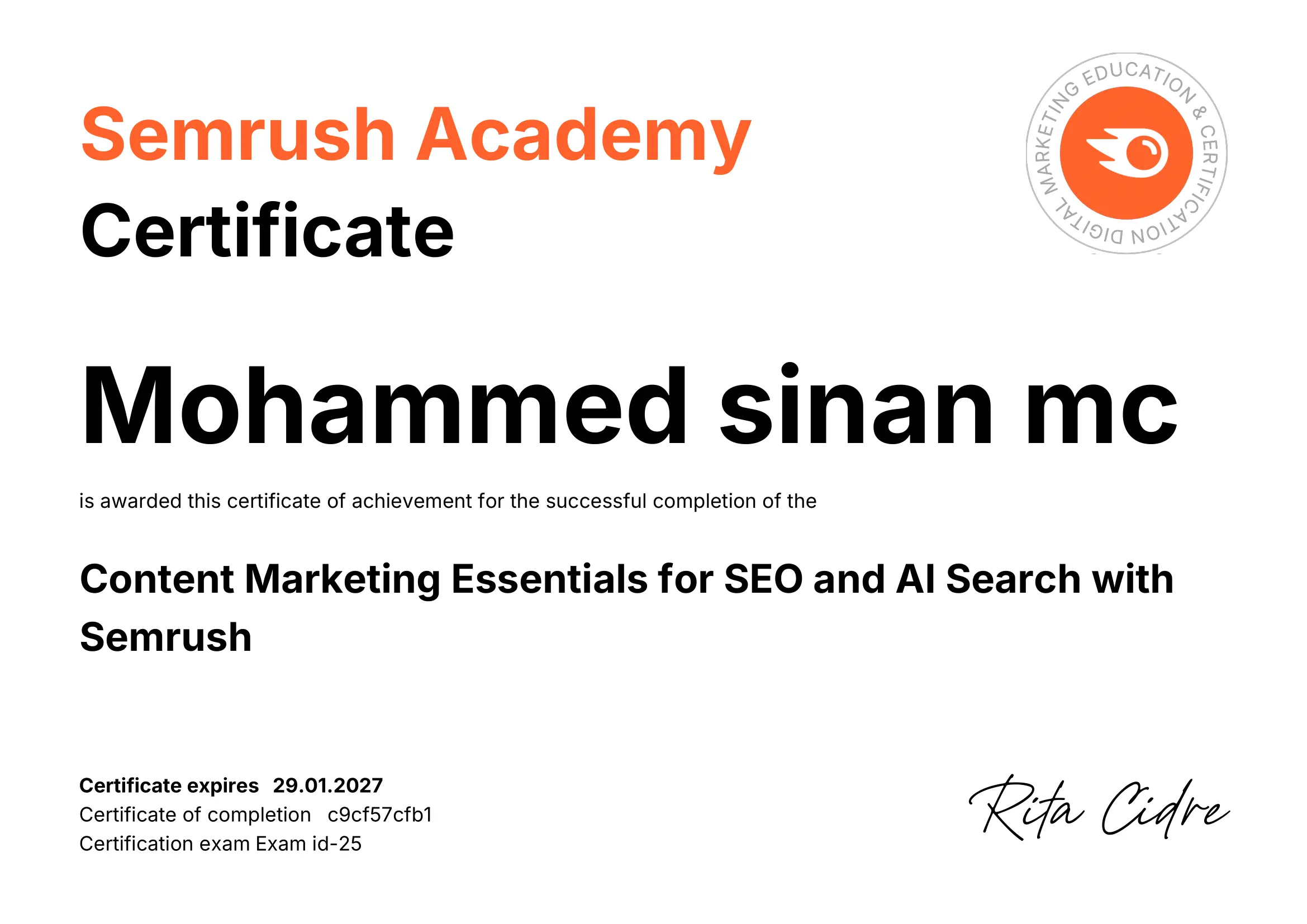 Web Design Expert in Kerala - Semrush SEO Toolkit Certificate